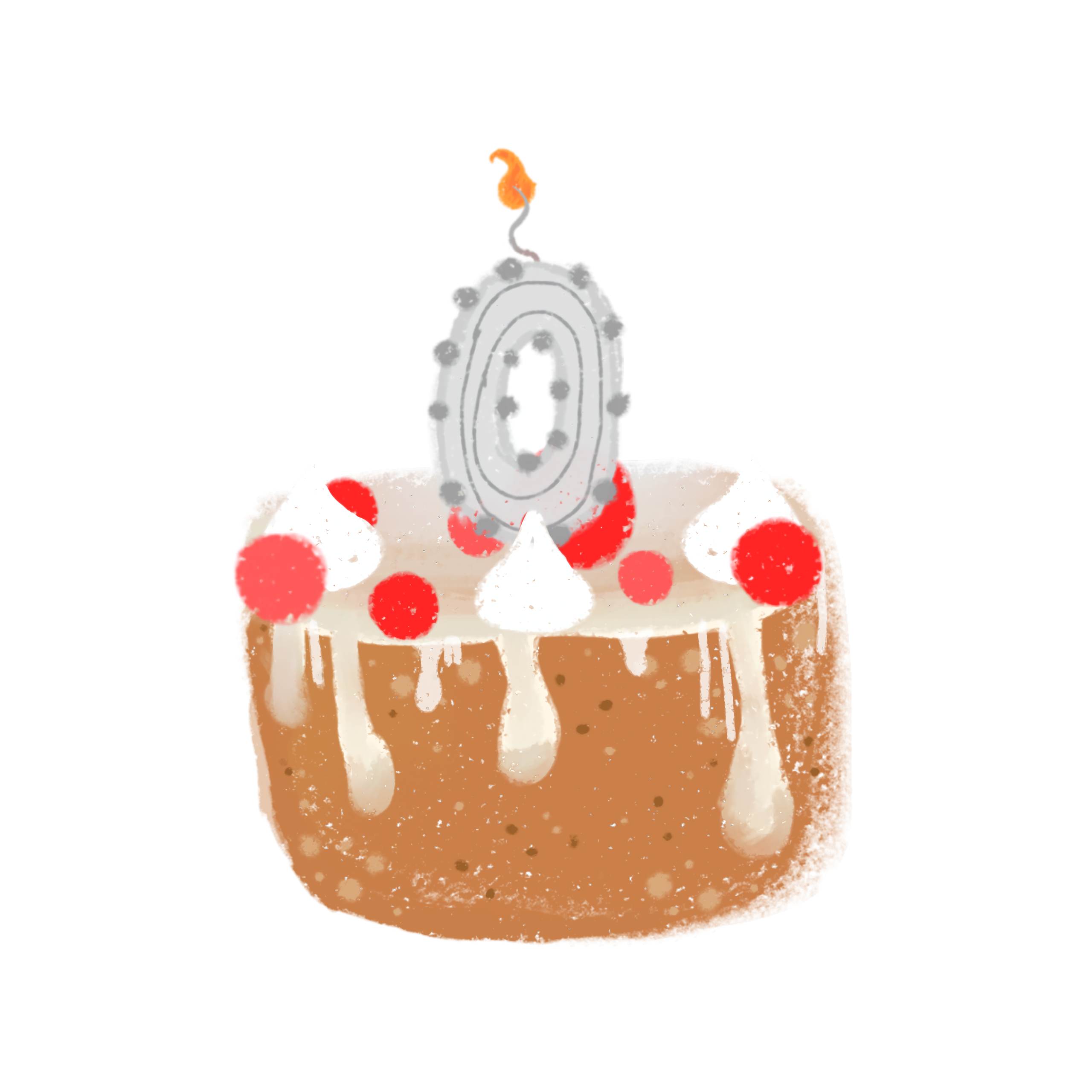 A drawn cake, inspired by Minecraft, is depicted. It has a brown base, topped with white frosting that drips down the sides. Scattered across the frosting are red cherries and small white swirls. A white number '0' candle is placed on top of the cake. 